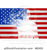 Vector Illustration of a Silhouetted White Light Saluting Soldier over an American Flag with Rays by AtStockIllustration