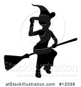 Vector Illustration of a Silhouetted Witch Tipping Her Hat and Flying on a Broomstick by AtStockIllustration