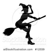 Vector Illustration of a Silhouetted Witch Tipping Her Hat and Flying on a Broomstick by AtStockIllustration