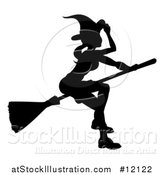 Vector Illustration of a Silhouetted Witch Tipping Her Hat and Flying on a Broomstick by AtStockIllustration