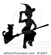 Vector Illustration of a Silhouetted Witch Tipping Her Hat and Flying on a Broomstick with a Cat by AtStockIllustration