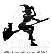 Vector Illustration of a Silhouetted Witch Tipping Her Hat and Flying on a Broomstick with a Cat by AtStockIllustration