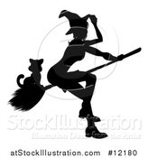 Vector Illustration of a Silhouetted Witch Tipping Her Hat and Flying on a Broomstick with a Cat by AtStockIllustration