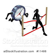 Vector Illustration of a Silhouetted Woman Racing Against the Clock, Running Through a Finish Line by AtStockIllustration