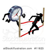 Vector Illustration of a Silhouetted Woman Racing Against the Clock, Running Through a Finish Line by AtStockIllustration