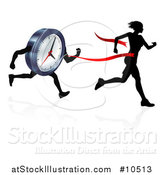 Vector Illustration of a Silhouetted Woman Running Through a Finish Line Before a Clock Character by AtStockIllustration