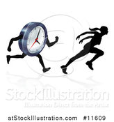 Vector Illustration of a Silhouetted Woman Sprinting and Racing a Clock Character by AtStockIllustration