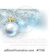 Vector Illustration of a Silver Christmas Bauble Ornament on a Tree over Blue and Snowflakes by AtStockIllustration