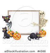 Vector Illustration of a Skeleton and Bat Pointing to a Halloween Sign with Black Cats and Pumpkins by AtStockIllustration