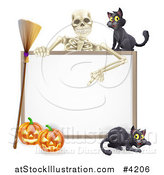 Vector Illustration of a Skeleton Pointing down to a Halloween Sign with Black Cats a Broomstick and Pumpkins by AtStockIllustration