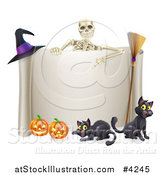 Vector Illustration of a Skeleton Pointing down to a Halloween Sign with Black Cats a Broomstick Witch Hat and and Pumpkins by AtStockIllustration