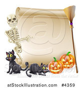 Vector Illustration of a Skeleton Pointing to a Halloween Scroll Sign with Black Cats a Broomstick and Pumpkins by AtStockIllustration