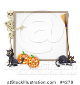 Vector Illustration of a Skeleton Pointing to a Halloween Sign with Black Cats a Broomstick and Pumpkins by AtStockIllustration
