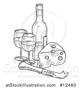 Vector Illustration of a Sketched Cheese Wedge with a Wine Bottle and Glasses by AtStockIllustration