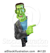 Vector Illustration of a Smiling Frankenstein Looking Around and Pointing to a Sign by AtStockIllustration