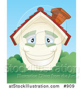 Vector Illustration of a Smiling Happy Blue Eyed Home with a Brick Chimney and Green Shutters, Surrounded by Lush Green Grass and Bushes by AtStockIllustration