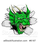 Vector Illustration of a Snarling Fierce Green Dragon Mascot Head Breaking Through a Wall by AtStockIllustration