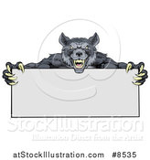 Vector Illustration of a Snarling Gray Wolf Mascot with Claws, Holding a Blank Sign by AtStockIllustration