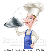 Vector Illustration of a Snooty White Male Chef with a Curling Mustache Holding a Cloche Platter, Facing Left by AtStockIllustration