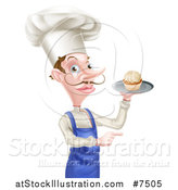 Vector Illustration of a Snooty White Male Chef with a Curling Mustache, Holding a Cupcake on a Tray and Pointing to the Right by AtStockIllustration