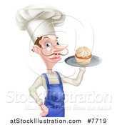 Vector Illustration of a Snooty White Male Chef with a Curling Mustache, Holding a Cupcake on a Tray by AtStockIllustration