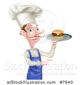 Vector Illustration of a Snooty White Male Chef with a Curling Mustache, Holding a Gourmet Cheeseburger on a Tray and Pointing by AtStockIllustration