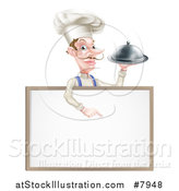 Vector Illustration of a Snooty White Male Chef with a Curling Mustache, Holding a Silver Cloche Platter and Pointing down over a Blank Menu Sign by AtStockIllustration