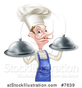 Vector Illustration of a Snooty White Male Chef with a Curling Mustache Holding Two Silver Cloche Platters by AtStockIllustration
