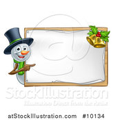Vector Illustration of a Snowman Wearing a Christmas Top Hat and Pointing Around a Blank Sign with Bells by AtStockIllustration