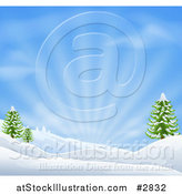 Vector Illustration of a Snowy Christmas Winter Background with Evergreens and Sunshine by AtStockIllustration