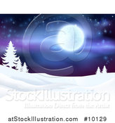 Vector Illustration of a Snowy Winter Landscape with Silhouetted Evergreen Trees and a Full Moon in a Starry Sky by AtStockIllustration
