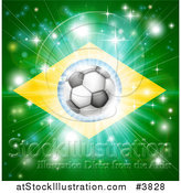 Vector Illustration of a Soccer Ball over a Brazilian Flag with Fireworks by AtStockIllustration