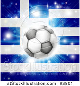 Vector Illustration of a Soccer Ball over a Greek Flag with Fireworks by AtStockIllustration