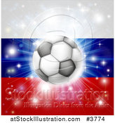 Vector Illustration of a Soccer Ball over a Russian Flag with Fireworks by AtStockIllustration