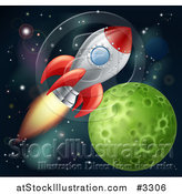 Vector Illustration of a Space Shuttle Rocket Flying in Outer Space near a Green Planet by AtStockIllustration