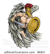 Vector Illustration of a Spartan Trojan Warrior Angel Running with a Sword and Shield by AtStockIllustration