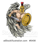 Vector Illustration of a Spartan Trojan Warrior Guardian Angel with a Sword and Shield by AtStockIllustration