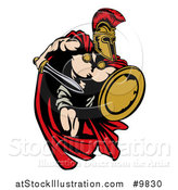 Vector Illustration of a Spartan Trojan Warrior Mascot Sprinting with a Sword and Shield by AtStockIllustration