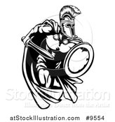Vector Illustration of a Spartan Warrior Charging Forward with a Sword and Shield - Black and White Mascot Version by AtStockIllustration