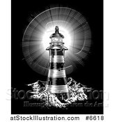 Vector Illustration of a Spiral Lighthouse and Shining Beacon Engraved on Black by AtStockIllustration