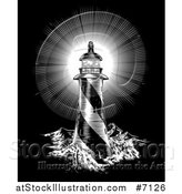 Vector Illustration of a Spiral Lighthouse and Shining Beacon Engraved on Black by AtStockIllustration