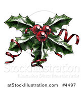 Vector Illustration of a Sprig of Christmas Holly with Red Berries and Curly Ribbons by AtStockIllustration