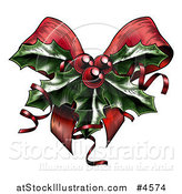 Vector Illustration of a Sprig of Christmas Holly with Red Berries and Curly Ribbons over a Bow by AtStockIllustration