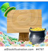 Vector Illustration of a St Patricks Day Leprechaun Hat on a Wooden Sign over a Pot of Gold and Flowers by AtStockIllustration