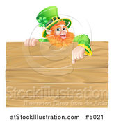 Vector Illustration of a St Patricks Day Leprechaun Pointing down to a Wooden Sign by AtStockIllustration