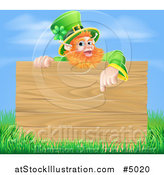 Vector Illustration of a St Patricks Day Leprechaun Pointing down to a Wooden Sign over Grass and Sky by AtStockIllustration