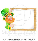 Vector Illustration of a St Patricks Day Leprechaun Pointing to a Notice on a Wooden Sign by AtStockIllustration