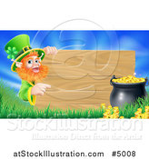 Vector Illustration of a St Patricks Day Leprechaun Pointing to a Wood Sign with Grass a Pot of Gold and Blue Sky by AtStockIllustration