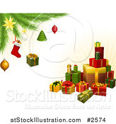 Vector Illustration of a Stack of 3d Gifts Under a Christmas Tree with Festive Ornaments by AtStockIllustration