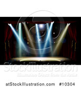 Vector Illustration of a Stage with Footlights and Spotlights, Framed with Red Curtains by AtStockIllustration